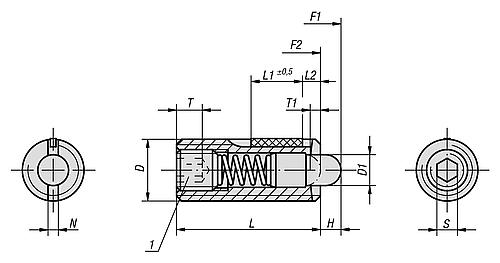 Federndes Druckstück Standard Federkraft M05 L=18 Stahl, LONG-LOK, Komp: Bolzen aus POM - K0328.05 - bei HUG Technik ☆