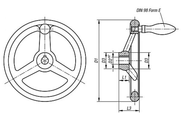 Handrad mit Nut D1=100 Aluminium, Komp: Aluminium, D2=10 - K0160.5100X10 - direkt bei HUG Technik ✓