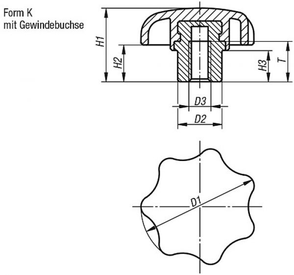 Sterngriff mit vorstehender Buchse M05 D1=25, Form: K Thermoplast, schwarz, Komp: Stahl - K0153.205 - direkt von HUG Technik ✓