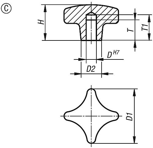 Kreuzgriff gleitgeschliffen D1=40, Form: C Aluminium, D4=8 - K0145.304008 - kommt direkt von HUG Technik 😊