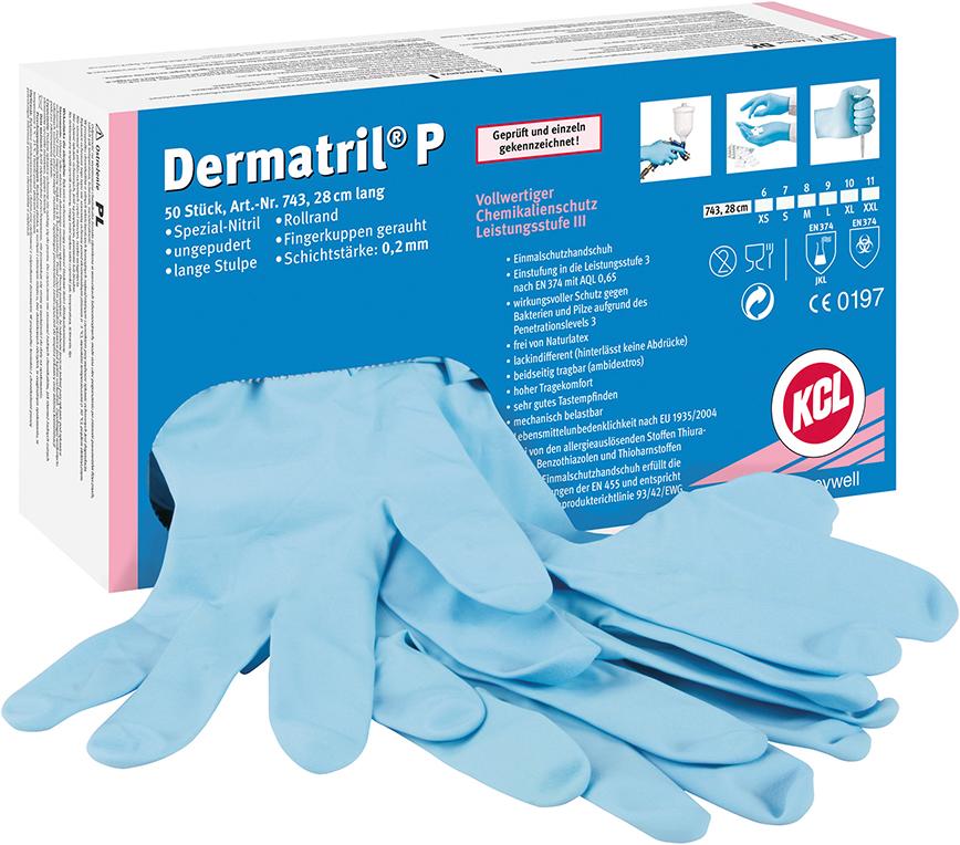 KCL Handschuh Dermatril® 743 P, blau (Box mit 50 Stück) - bei HUG Technik ✭