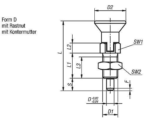 Arretierbolzen mit verl. Arretierstift Gr.1 M10x1, Form: D Edelstahl, gehärtet, Komp: Thermoplast, D=5 - K0630.204105 - direkt von HUG Technik ✓