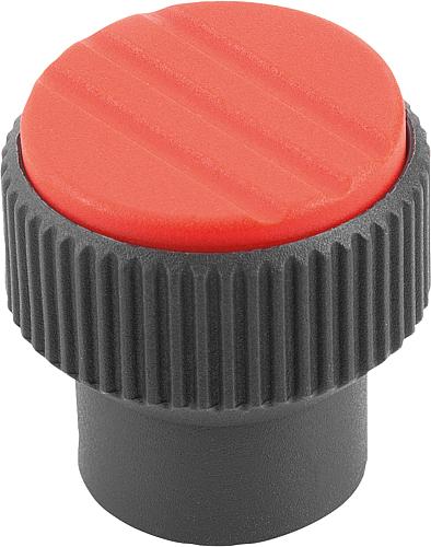 Rändelknopf Gr.1 M04 Thermoplast, schwarz RAL7021, Komp: Edelstahl, Komp: rot RAL3020 - K0247.01046 - bei HUG Technik ✭