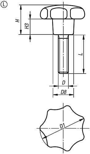 Sterngriff Ähnlich DIN6336 D=M06x40, D1=32, H=20, Form: L, Duroplast schwarz hochglanzpoliert, Komp: Edelstahl - K1016.43206X40 - gibt’s bei ☆ HUG Technik ✓