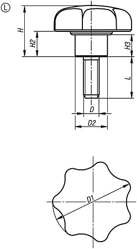Sterngriff mit vorstehender Buchse M05x20 D1=25, Form: L Thermoplast, schwarz, Komp: Edelstahl - K0153.505X20 - erhältlich bei ✭ HUG Technik ✓