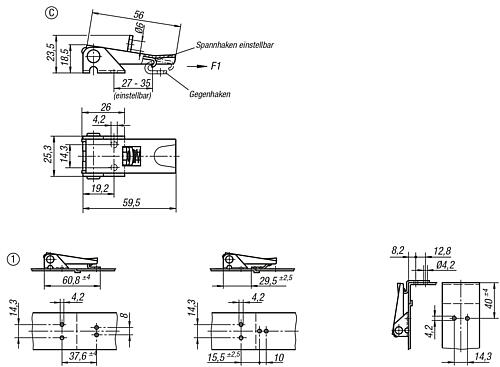 Zeichnung Spannverschluss einstellbar, Form: C Edelstahl, Anschraubbohrung verdeckt - K0047.3420602 - bekommst Du bei ★ HUG Technik ✓
