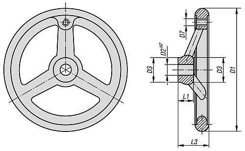 Handrad DIN950 D1=100 Passbohrung D2=10H7, D7=M06, Edelstahl 1.4401 poliert, ohne Griff - K1208.0100X10 - bei HUG Technik ☆