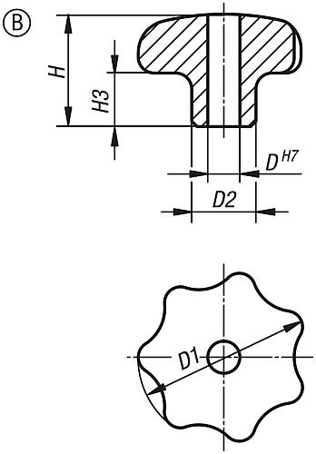 Sterngriff DIN6336 D1=32 H=21, Form: B, Edelstahl gestrahlt, D=6 - K0150.232063 - bei HUG Technik ✭