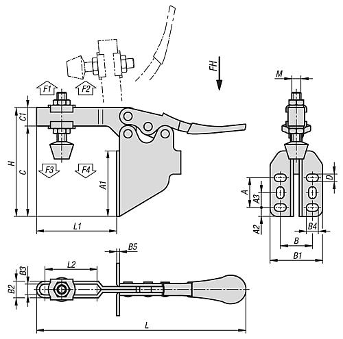 Schnellspanner Horizontal Standard, Fuß Abgewinkelt F2=1200, verstellbare Andruckspindel M06x44, Stahl verzinkt, - K1542.01200 - bei HUG Technik ✭