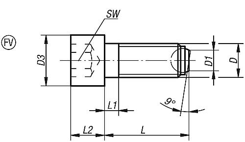 Zeichnung Kugeldruckschraube mit Kopf M10, Form:FV Vergütungsstahl, Komp:Wälzlagerstahl L2=25 - K0380.51025 - direkt von HUG Technik ✓