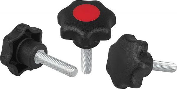 Sterngriff M12x20 D1=63, Form: L Thermoplast, schwarz, Komp: Stahl, Komp: gelb RAL1021 - K0155.41217X20 - direkt bei HUG Technik ✓