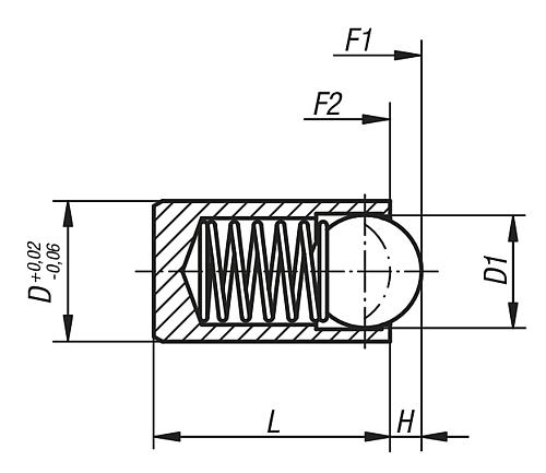 Zeichnung Federndes Druckstück glatte Ausführung D=10 L=22 Edelstahl, ohne Bund, Komp: Edelstahl - K0335.210 - kommt direkt von HUG Technik 😊