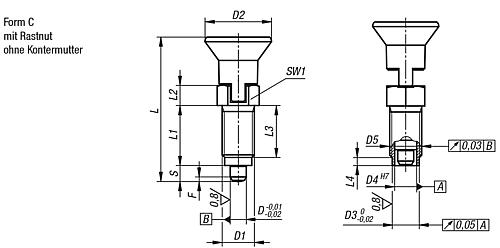 Arretierbolzen Premium mit zyl. Arretierstift Gr.1 M10X1, D=5, Form: C mit Rastnut ohne Kontermutter - K0736.403105 - bei HUG Technik ☆