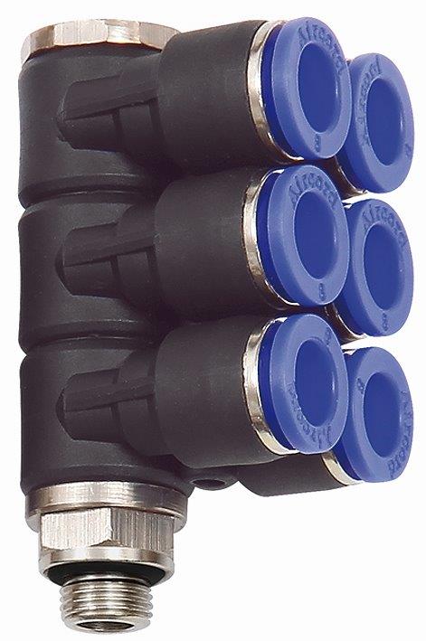 L-Mehrfachverteiler 6-fach, drehbar, G 1/2 AG, Schlauch-ø 12, »Blaue Serie« - direkt bei HUG Technik ✓
