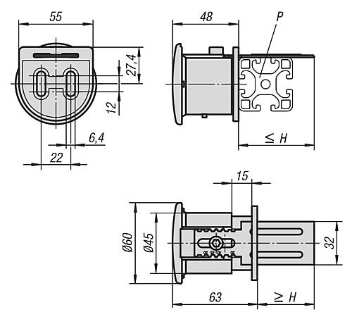 Zeichnung Notöffner, Kunststoff schwarz, mit Druckknopf Komp:Kunststoff Komp:rot, BN=8/10, P=30-50 - K1497.93050 - bei HUG Technik ✭