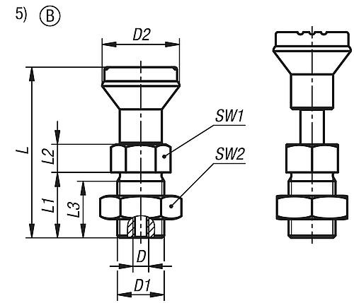 Betätigungsgriff ohne Rastnut, mit Pilzknopf, Gr.4, D1=M20x1,5, L=73, Form: B mit Kontermutter, Edelstahl - K1502.12420 - direkt bei HUG Technik ✓