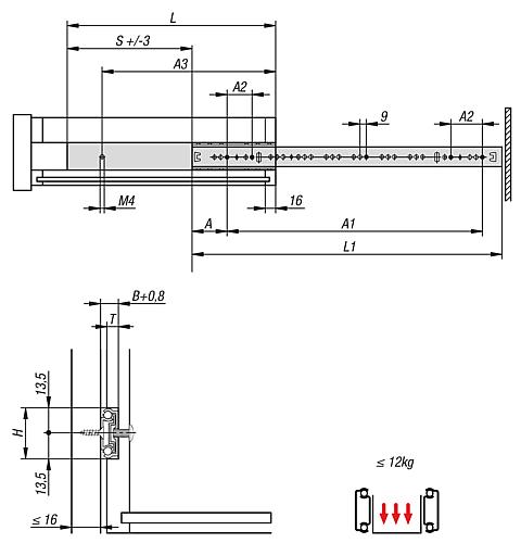 Teleskopschiene L=222 10X27, Teilauszug S=150, Fp=12, Stahl verzinkt, Nut Montage, 1 Paar - K1567.0222 - direkt von HUG Technik ✓