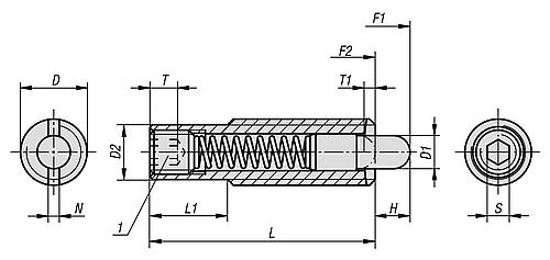 Federndes Druckstück lange Ausführung M08 L=30 Stahl,  Komp: Bolzen aus Stahl - K0657.608X30 - bekommst Du bei HUG Technik ♡