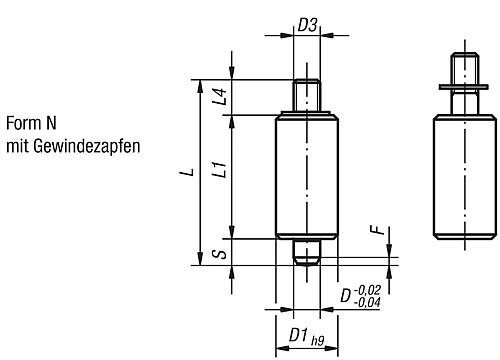 Arretierbolzen Gr.1, Form: N Edelstahl, gehärtet, Komp: Thermoplast, D1=12, D=5 - K0347.03105 - bei HUG Technik ✭