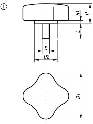 Viersterngriff flach M08x16, Form: L Thermoplast, Außengewinde, Komp: Stahl - K0278.4408X16 - bei HUG Technik ☆