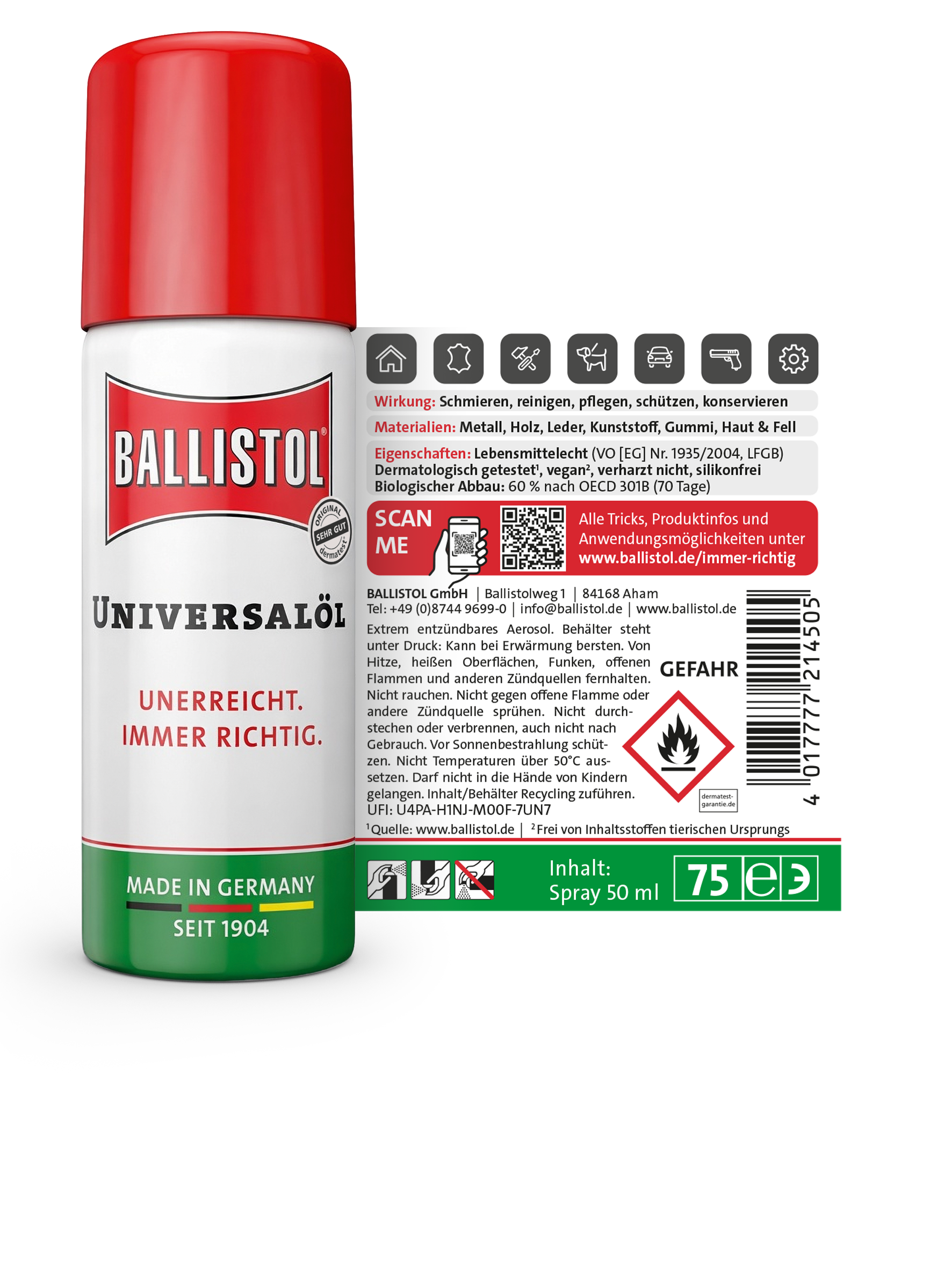 Rückseitenetikett Ballistol Universalöl Spray 50 ml