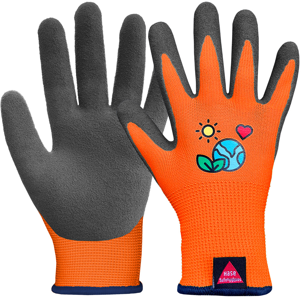 Kinderhandschuh aus 15G Polyester, Latexschaum, Kat I »KIDS 5« orange schwarz.