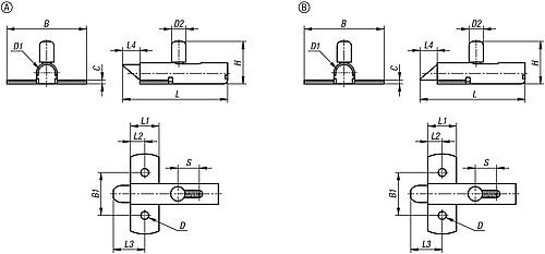 Riegel mit Rückstellfeder Form A Riegel Nach Oben L=73,5, B=56, Edelstahl 1.4301 - K1693.07356 - bei HUG Technik ✭