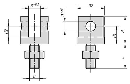 Gabelstück mit Gewindebolzen M05X14,5, D1=5, Edelstahl - K0397.105 - bei HUG Technik ✓