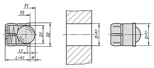 Zeichnung Federndes Druckstück Standard Federkraft, glatte Ausführung, D=10 L=13,5, Kunststoff, Komp: Edelstahl - K1171.10 - erhältlich bei ✭ HUG Technik ✓