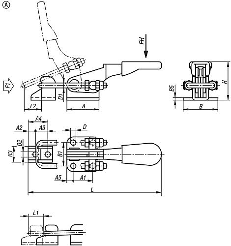 Bügelspanner mit Gegenhalter Standard, F1=1600, Form: A, Edelstahl blank, Komp: Kunststoff Komp: Rot - K1261.11600 - gibt’s bei ☆ HUG Technik ✓