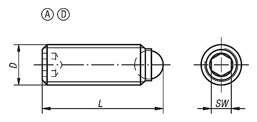 Zeichnung Kugeldruckschraube ohne Kopf M04, Form:A Vergütungsstahl, Komp:Wälzlagerstahl, L1=10 - K0383.10410 - bei HUG Technik ✭