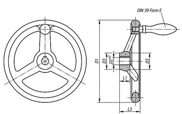 Handrad mit Nut D1=100 Aluminium, Komp: Aluminium, D2=10 - K0160.3100X10 - direkt von HUG Technik ✓