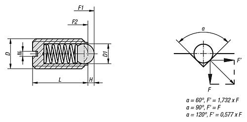 Zeichnung Federndes Druckstück Standard Federkraft M06 L=14 Kunststoff, Komp: Kugel aus Edelstahl - K0312.06 - gibt’s bei HUG Technik ✓