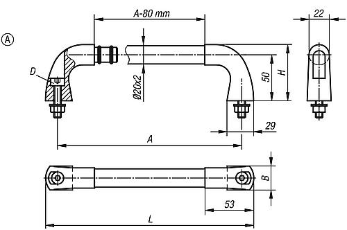 Rohrgriff, Form: A Edelstahl, geschliffen, A=200, D=M08x35 - K0227.200081 - direkt bei HUG Technik ✓