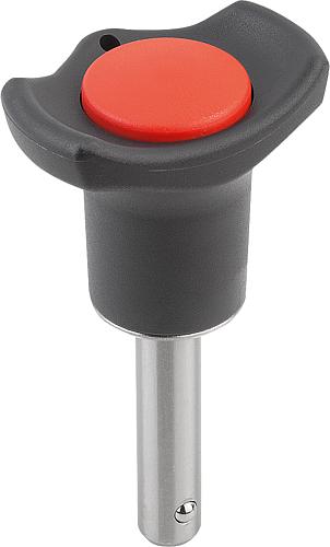 Kugelsperrbolzen, Form: A Thermoplast, selbstsichernd, Komp: Edelstahl, Komp: rot RAL3020, D1=10, L=20 - K0363.4710020 - direkt bei HUG Technik ✓