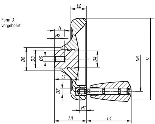 Handrad Gr.1, Form:D Duroplast, drehbar, Komp: Duroplast, D5=6, D1=-, D=100 - K0164.0100X06 - bei HUG Technik ☆