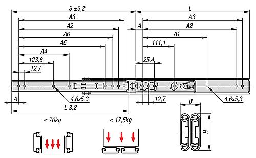 Teleskopschiene L=305 19,1X35,3, Überauszug S=327, Fp=70, Edelstahl blank, Montage seitlich, 1 Stück - K1714.0305 - bei HUG Technik ✭