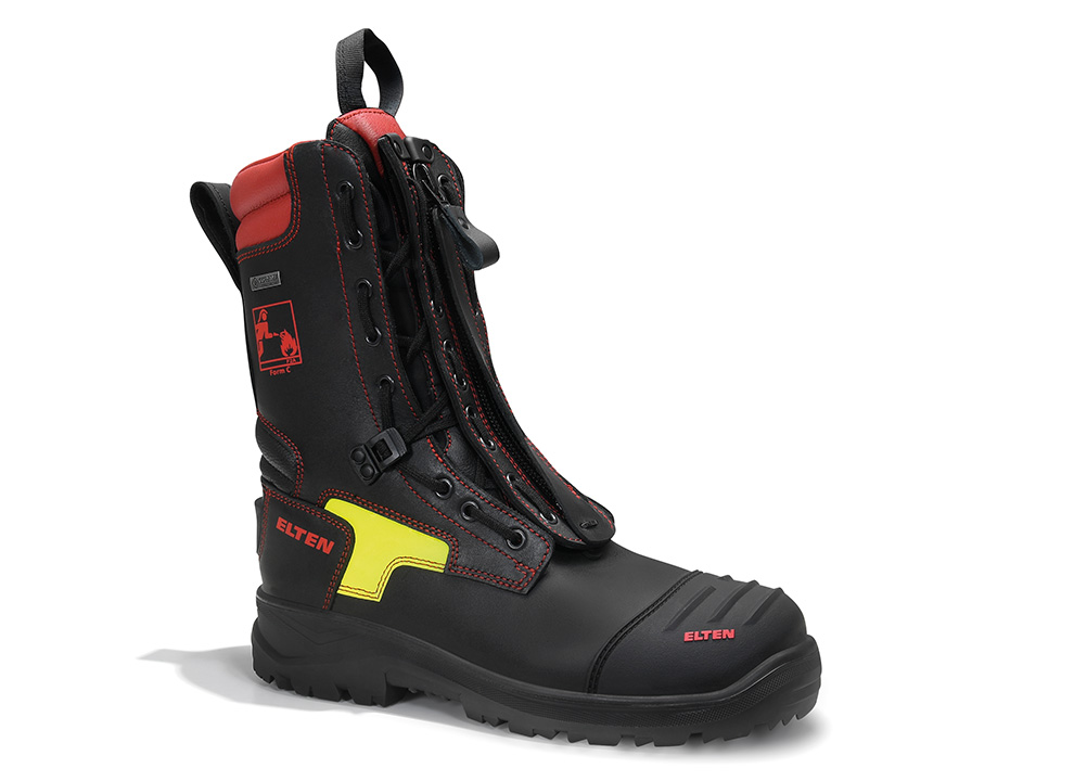 ELTEN Feuerwehrstiefel CURT II GTX Form C schwarz-rot, perspektivische Ansicht