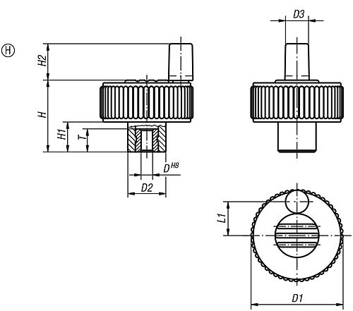 Rändelrad mit Griff Gr.1, D1=40, Form: H, Thermoplast schwarz RAL7021, Komp: Stahl Deckel: blau RAL5017, D=6H8, - K0262.21063 - bekommst Du bei HUG Technik ♡