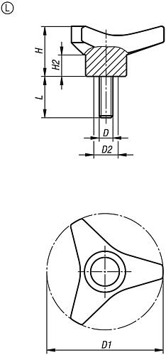 Dreisterngriff Außengewinde M12, Form: L, D=105 - K1083.410512X30 - kommt direkt von HUG Technik 😊
