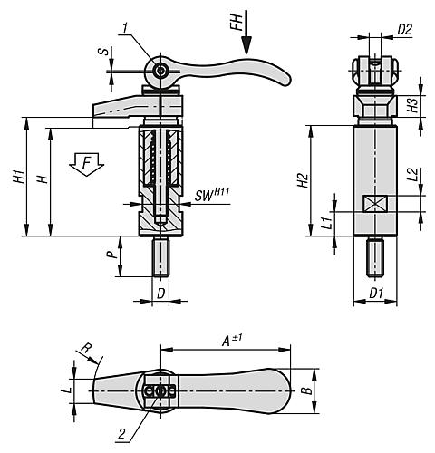 Spannhaken mit Bund, mit Exzenterhebel, D=M06, D1=20, P=20, Vergütungsstahl - K0013.206 - bei HUG Technik ✓