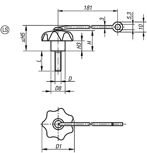 Sterngriff mit Sicherungsband M12x20 D1=63, Form: LS Thermoplast, schwarz, Komp: Stahl, Komp: grau RAL7035 - K0155.71215X20 - direkt bei HUG Technik ✓