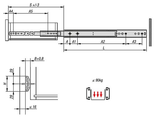 Teleskopschiene L=300 19X58, Überauszug S=338, Fp=90, Stahl verzinkt und passiviert, Montage seitlich, 1 Stück - K1580.0300 - bei HUG Technik ☆