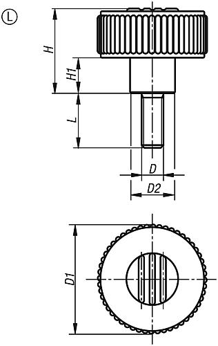 Rändelrad Gr.2, D1=50 D=M08x15, Form: L, Thermoplast schwarz RAL7021, Komp: Edelstahl, Deckel: orange RAL2004 - K0261.52081X15 - erhältlich bei ♡ HUG Technik ✓