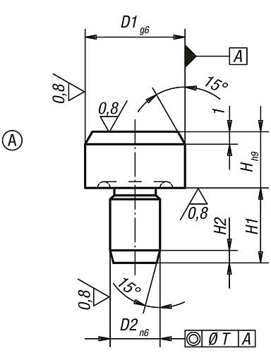 Zeichnung Aufnahmebolzen ohne Bohrung D1=10, Form:A Werkzeugstahl, DIN6321, D2=6 - K0293.110 - bei HUG Technik ♡