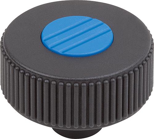 Rändelrad Gr.1, D1=40 D=M05, Form: K, Thermoplast schwarz RAL7021, Komp: Stahl, Deckel: blau RAL5017 - K0260.21053 - bei HUG Technik ☆