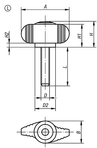 Zeichnung Flügelgriff Miniwing M06x15 Kunststoff, grau RAL7015, antibakteriell, Komp: Edelstahl - K0274.120006144X15 - bei HUG Technik ✓