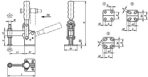 Zeichnung Schnellspanner vertikal Standard, Fuß waagrecht F1=1500, feste Andruckspindel, Stahl verzinkt und passiviert - K1438.01500 - erhältlich bei ♡ HUG Technik ✓