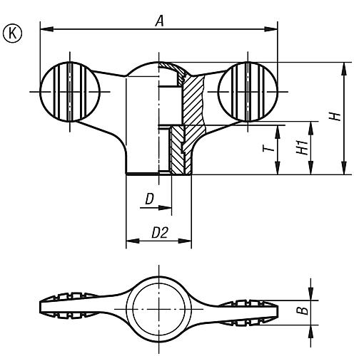 Flügelgriff M04, A=38 Thermoplast, schwarz RAL7021, Komp: Edelstahl, Komp: gelb RAL1021 - K0274.09047 - gibt’s bei ☆ HUG Technik ✓