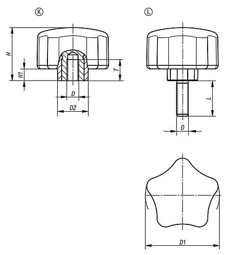 Fünfsterngriff ergonomisch M08 D1=63 Kunststoff, schwarz RAL7021, Komp: Edelstahl - K0786.06308 - bei HUG Technik ✭